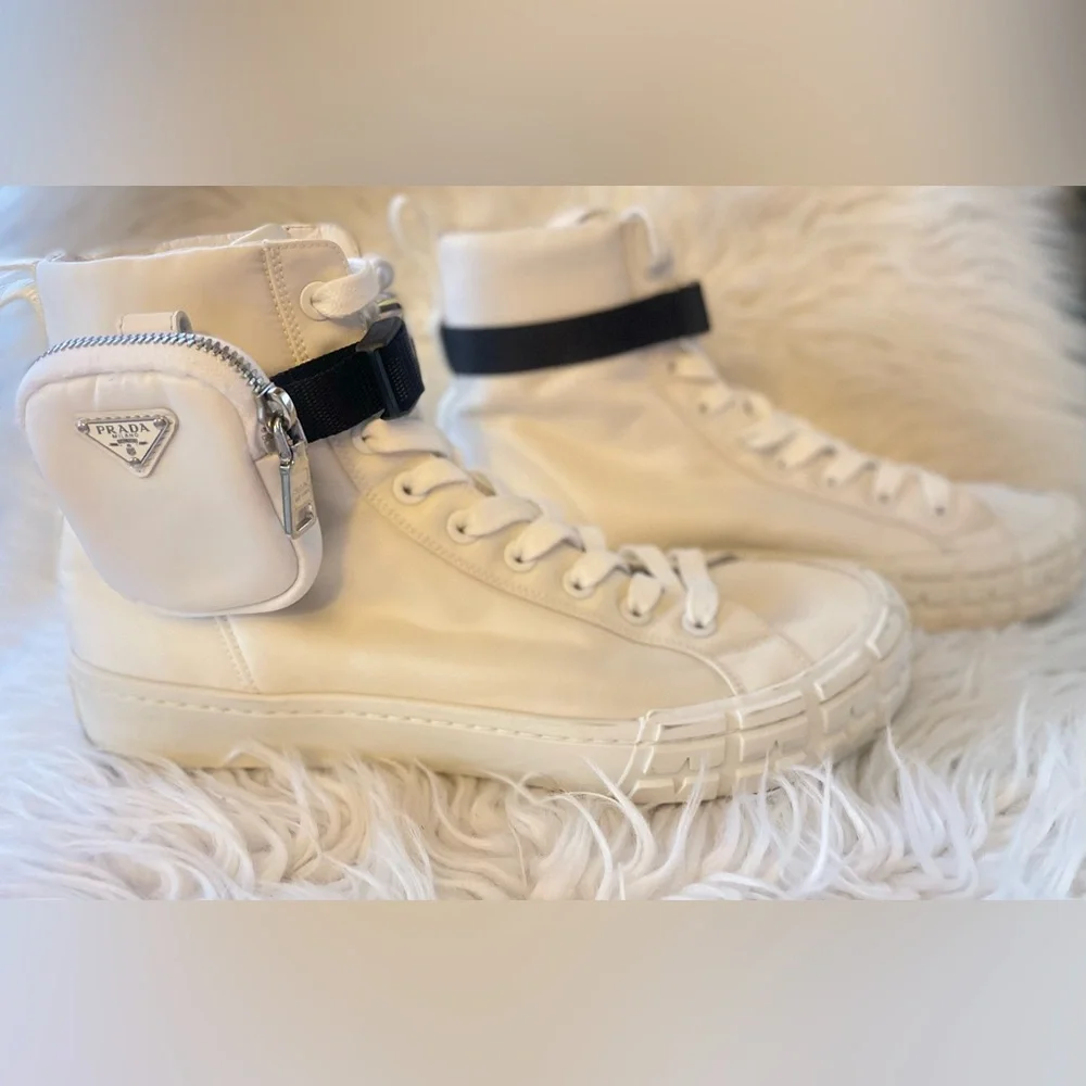 Prada White High-Top Sneakers with Black Strap - Picture 1 of 14